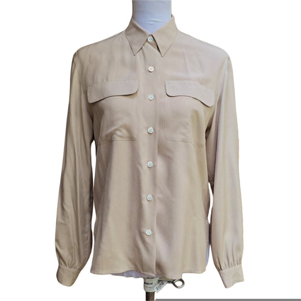 2P Liz Claiborne Collection Tan Silk Blouse Petite Button Down Pocket Vtg 90s